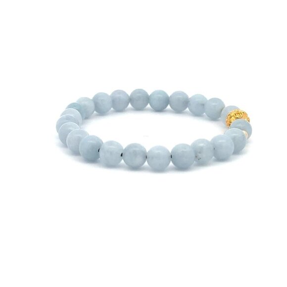 18K Gold Money Ball Lucky Charm Beads Bracelet Gemstones Aquamarine 6mm - Picture 3 of 9